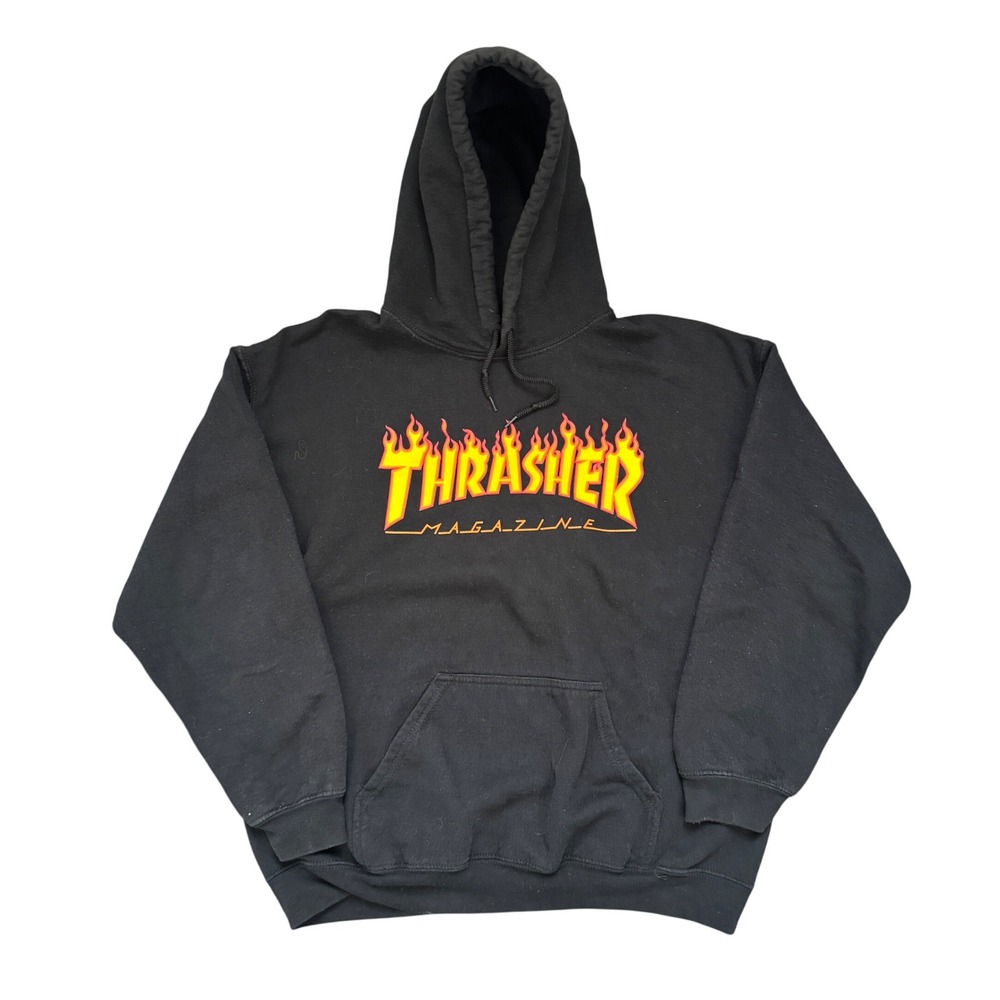 Thrasher Magazine Flame Logo Hoodie Black Men Large Skater Streetwear Sweatshirt